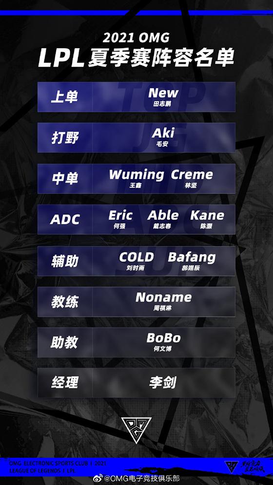 LOL-LPL：OMG公布夏季赛大名单，前RNG“走a怪”Able位列大名单