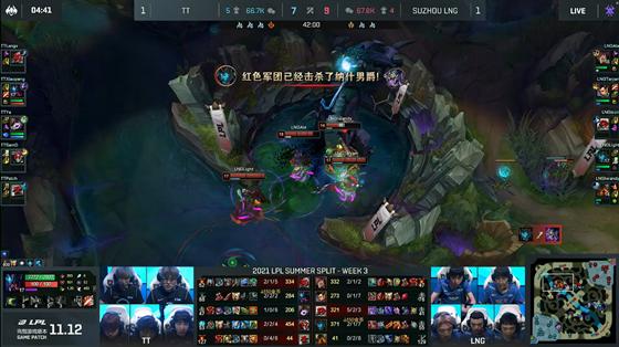 LOL-LPL：三路高地被破一波翻盘，LNG 2-1击败TT豪取六连胜