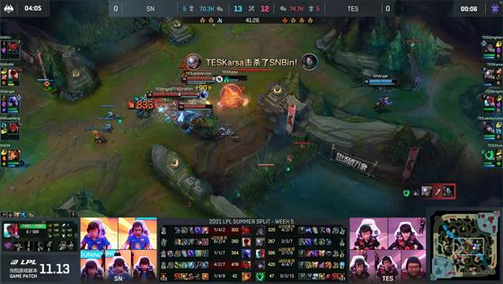 LOL-LPL：Bin阿卡丽斩获三杀融化后排，SN让一追二终结TES四连胜