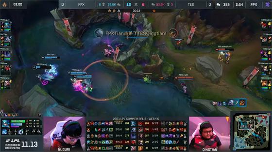 LOL-LPL：Tian佛耶戈开局越塔单杀妖姬，FPX节奏起飞2-0战胜TES